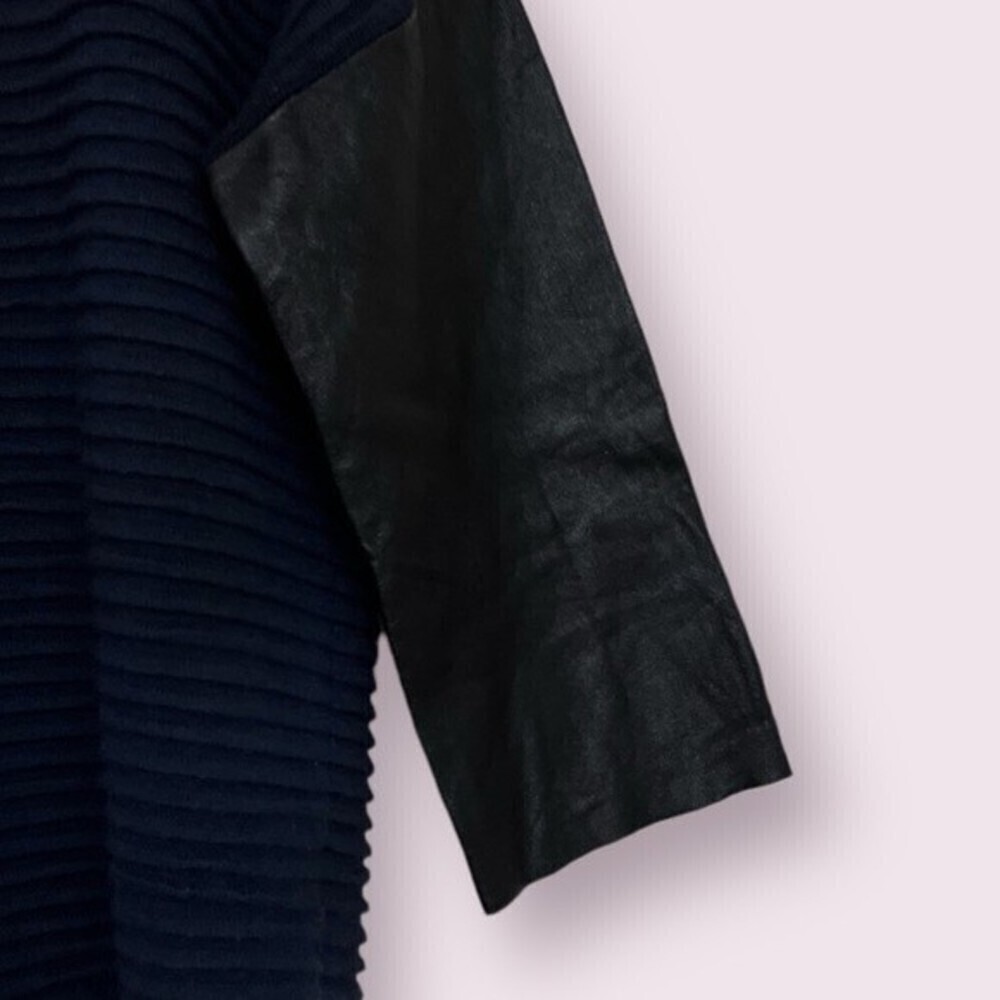 Sandro Paris Wool Sweater Ribbed Navy Black Leather Sleeves Womens Size Small - Picture 3 of 9